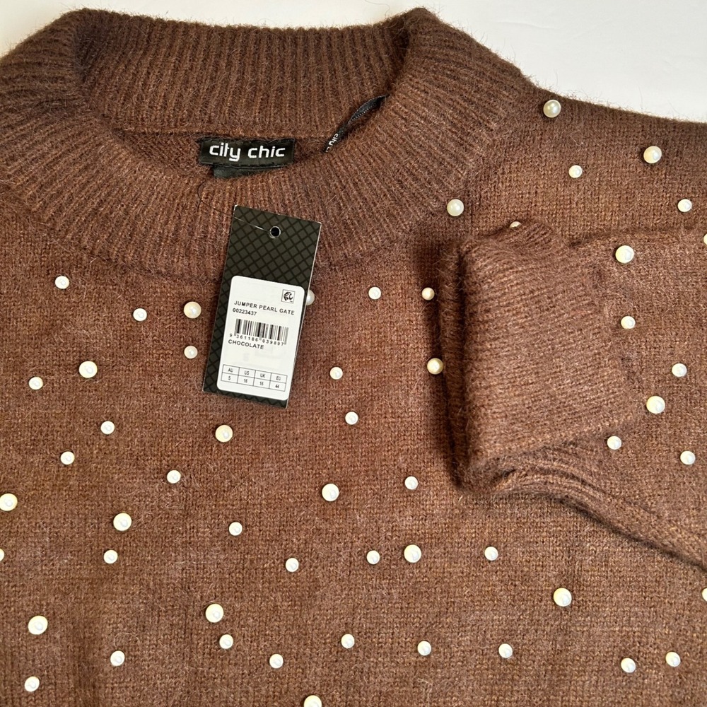 City Chic Jumper Pearl Gate Chocolate Brown Beaded Sweater Size 16 NWT